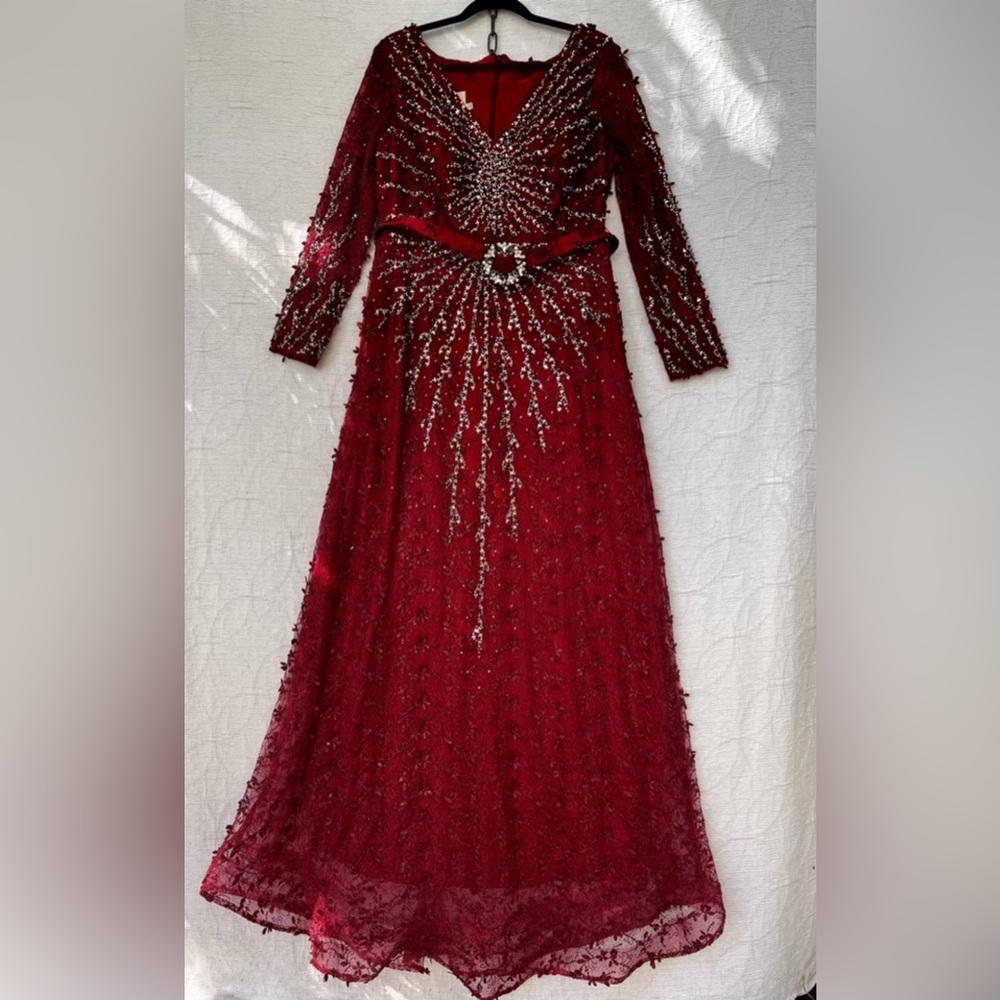Vintage Beaded Red Gown Maxi Rhinestone Belted Dress 50 Whimsicore